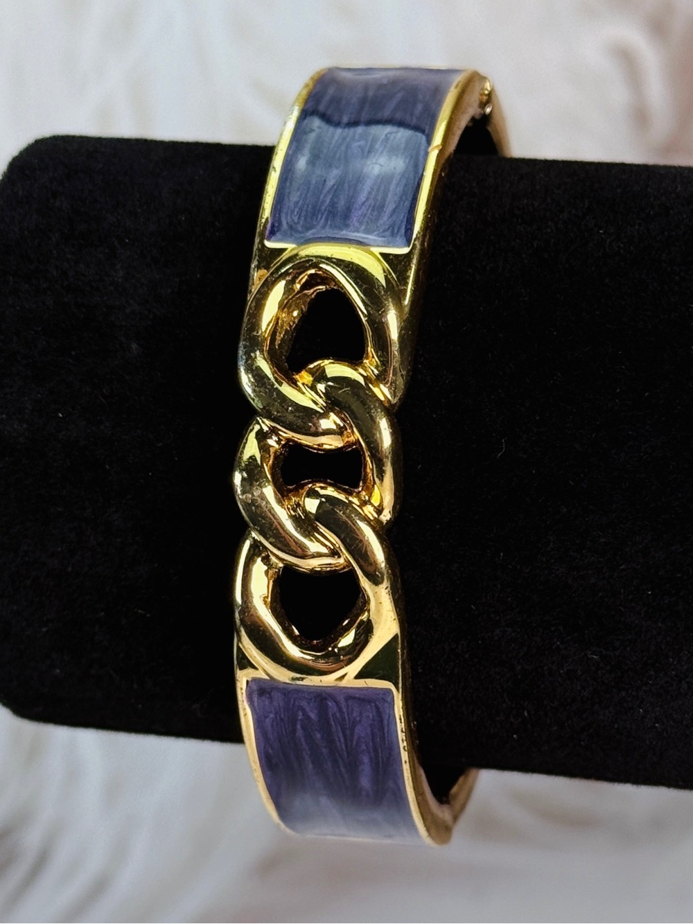 Vintage Goldtone and Purple Chain Link Hinged Bangle Bracelet